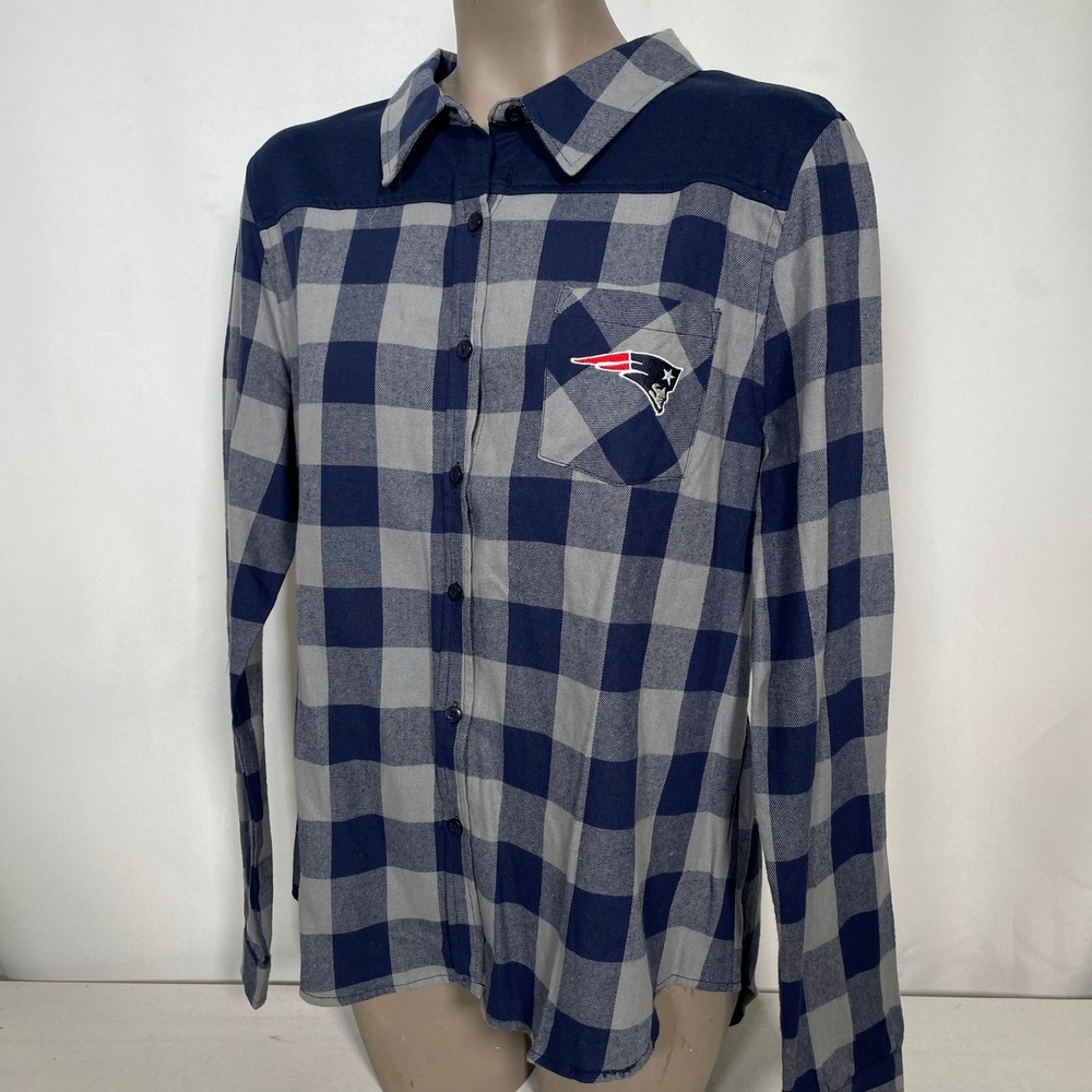 New England Patriots NFL Football Navy Grey Plaid Flannel Shirt Juniors XL NWT
